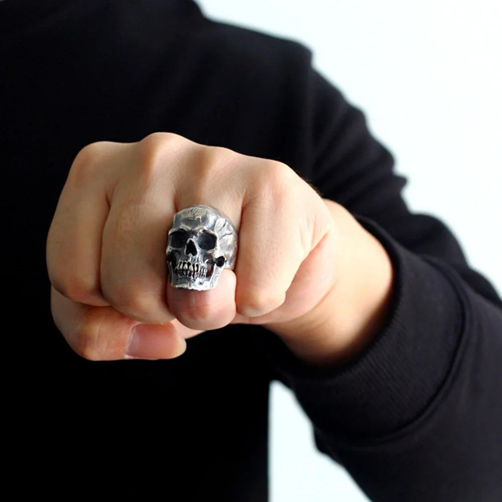 Heavy Punk Skull Rings for Men Real 925 Sterling Silver Jewelry Motorcycle Biker Rings Skeleton Finger Band