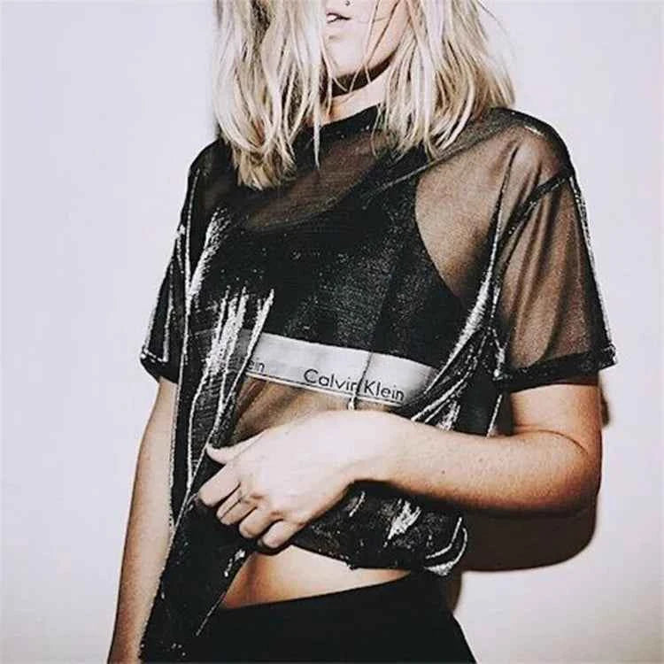 Summer Sexy Mesh Tee See-Through Women T-shirts Short Sleeve Perspective Shine Casual Women Tops Lady Vintage Blusa