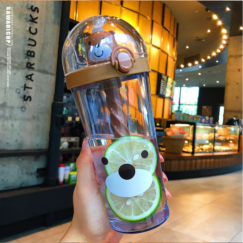 Water Bottle with Straw, Plastic Cartoon Mixing Cup, Creative Animal Design, Cute Cartoon, Girl Heart, Ins Photo Gift