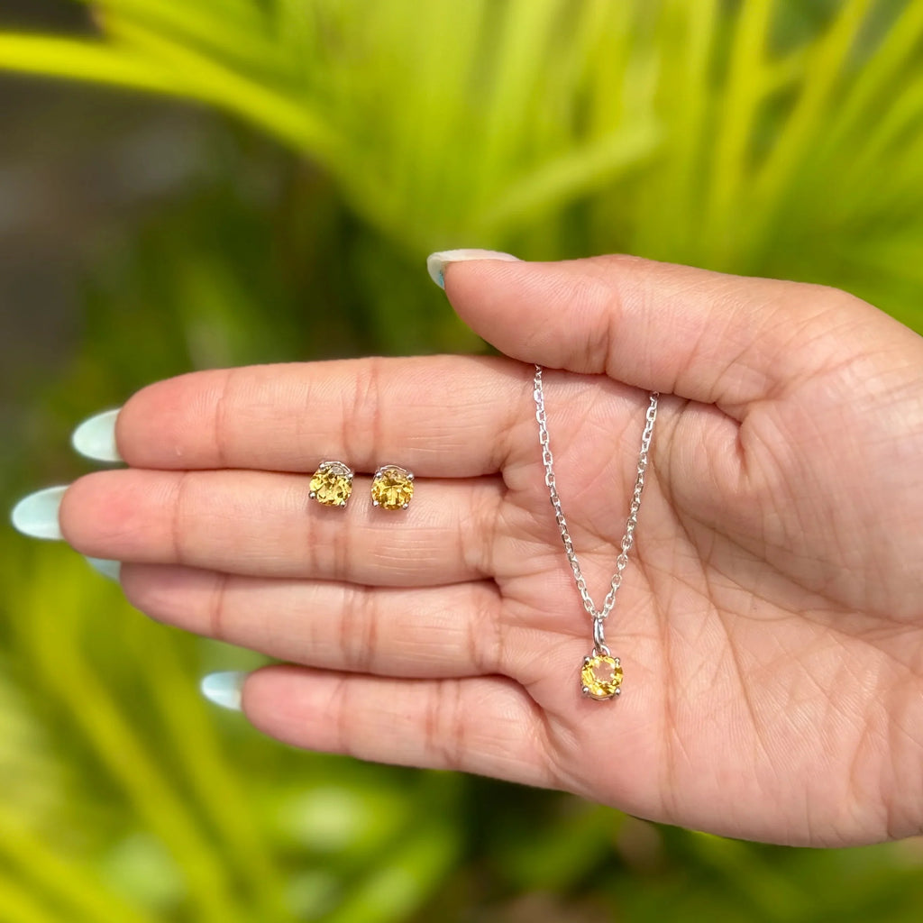 High Quality Gold Plated Sterling Silver Yellow Citrine Round-Cut Claw Setting Necklace Earring Set Trendy Anniversary Wedding