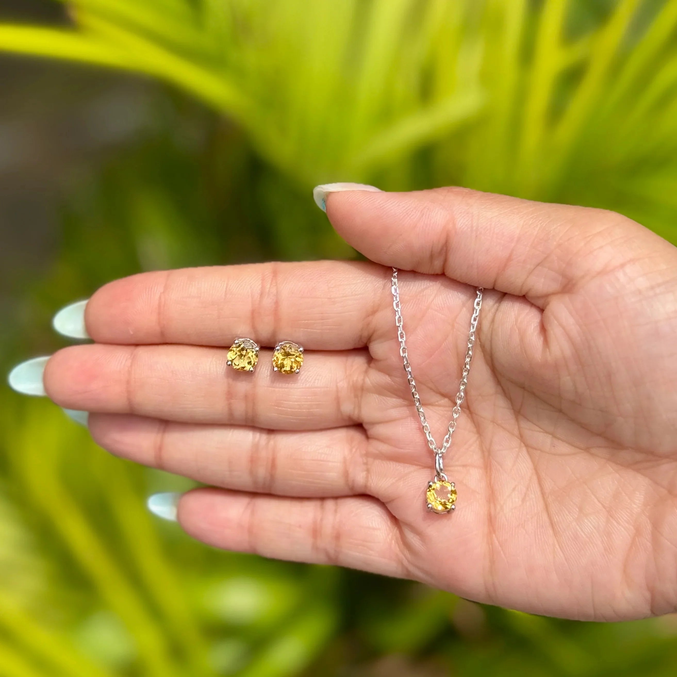 High Quality Gold Plated Sterling Silver Yellow Citrine Round-Cut Claw Setting Necklace Earring Set Trendy Anniversary Wedding