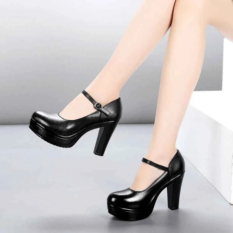 GKTINOO Genuine Leather shoes Women Round Toe Pumps Sapato feminino High Heels Fashion Black Work Shoe Plus Size 33-43
