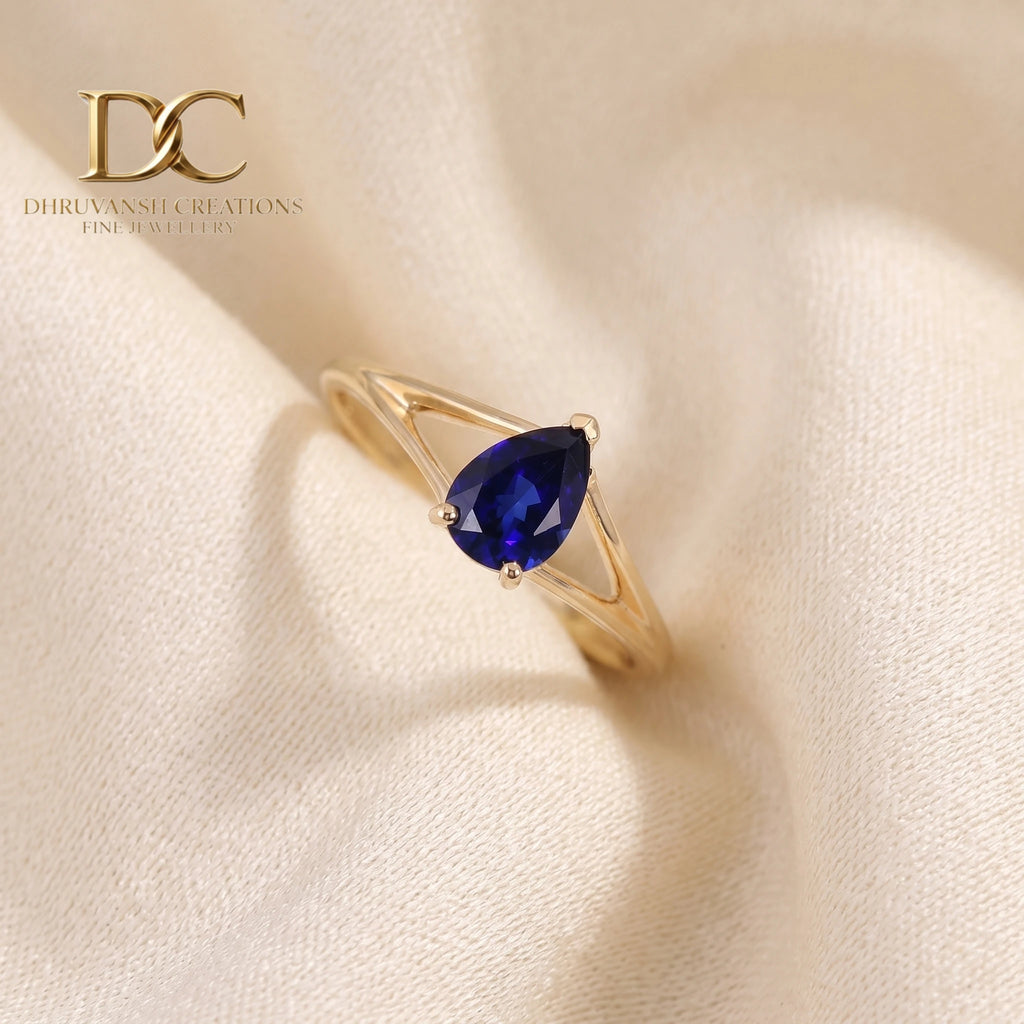 Luxury Fine 14KT Solid Yellow Gold Ring with Lab Grown Royal Blue Sapphire Women's Wedding & Party Jewelry