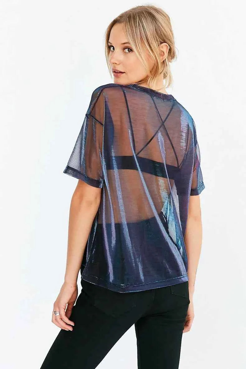 Summer Sexy Mesh Tee See-Through Women T-shirts Short Sleeve Perspective Shine Casual Women Tops Lady Vintage Blusa