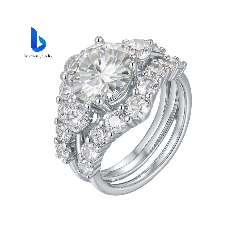 Luxury S925 Sterling Silver Round Brilliant Cut Moissanite Wedding Engagement Ring Set