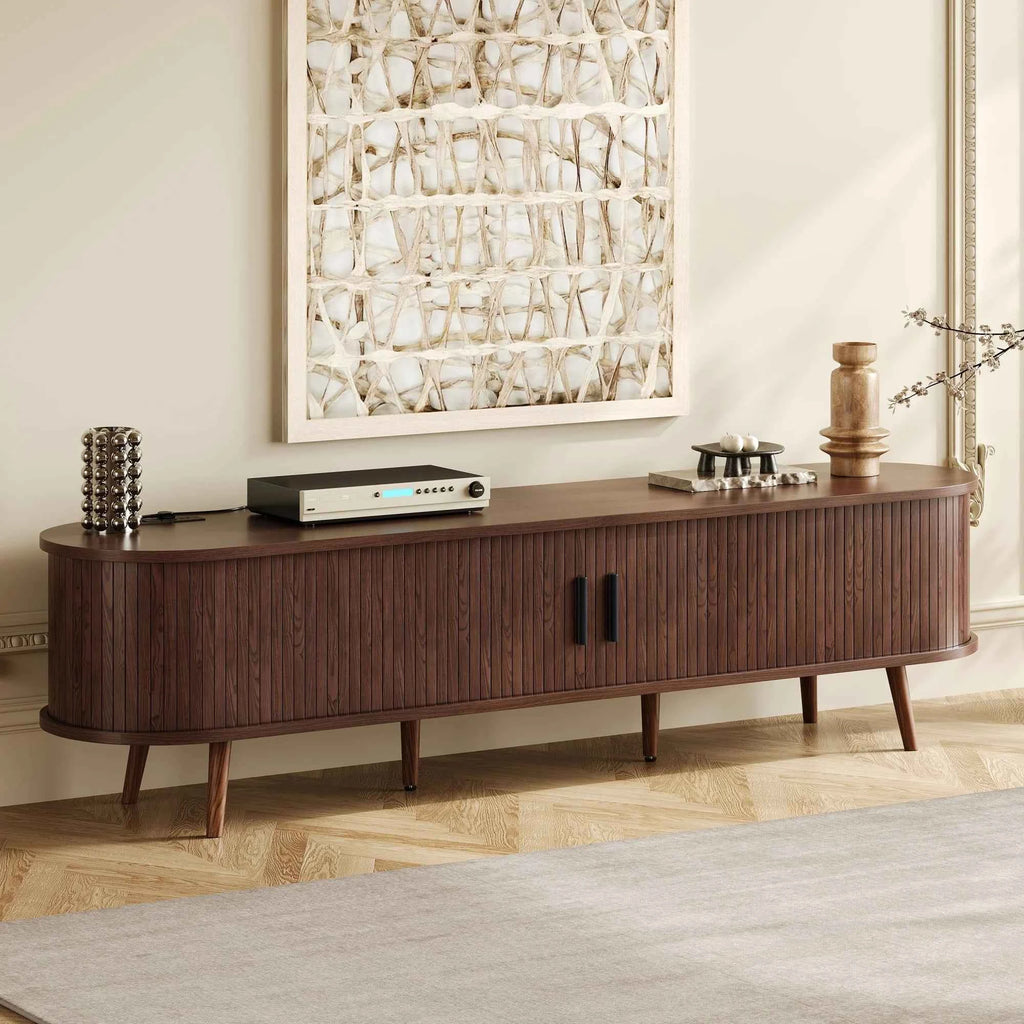 Mid Century Modern MDF TV Stand with Tambour Doors Drawers Power Outlet-Eco-Friendly Storage for 80 Inch TVs Living Room Bedroom
