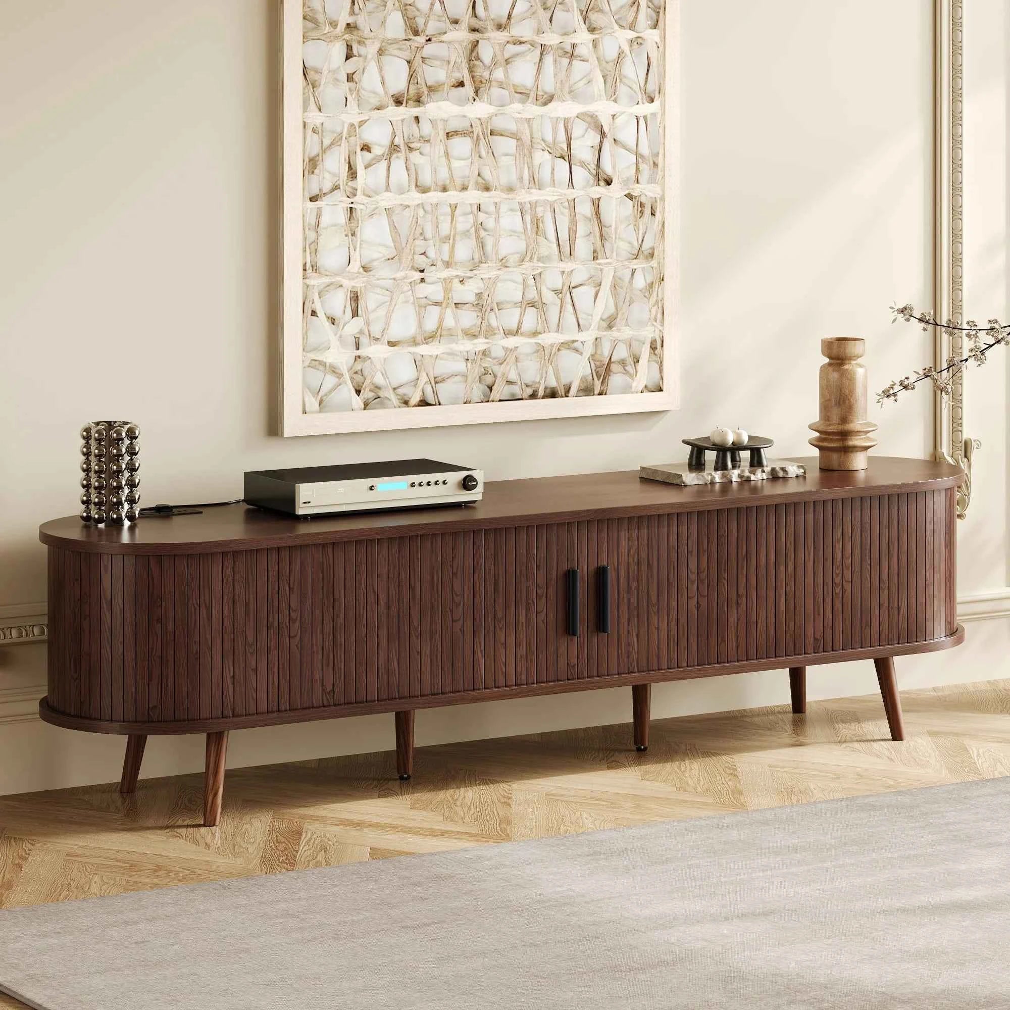 Mid Century Modern MDF TV Stand with Tambour Doors Drawers Power Outlet-Eco-Friendly Storage for 80 Inch TVs Living Room Bedroom