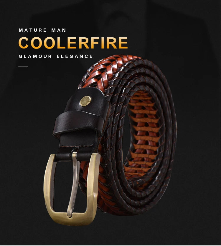 Men Genuine Leather Braided Belts Webbing High Quality Hand Vintage Belts for Men Gold Pin Buckle Casual for Jeans Strap HQ212