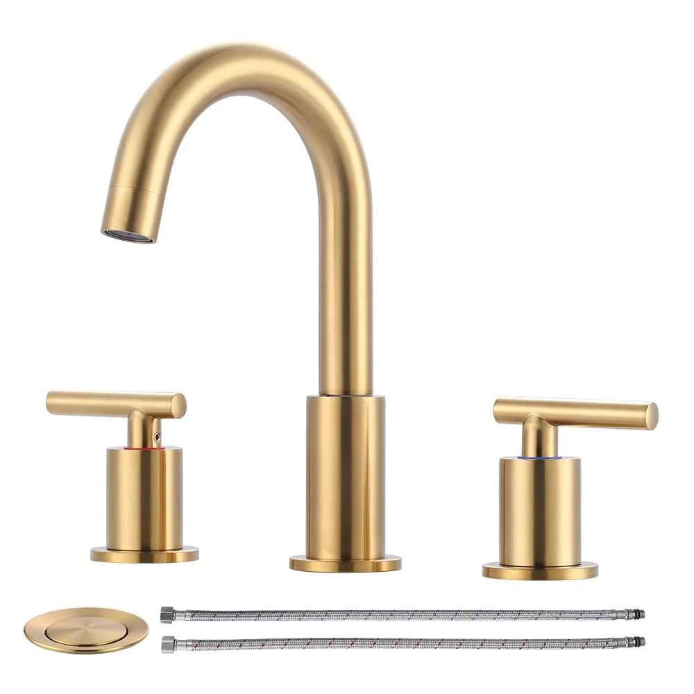 Brushed Gold Bathroom Vanity Water Faucet with 360 Degree Swivel Spout Bathroom Sink Faucet 3 Hole 2 Handle Gold Sink Faucet