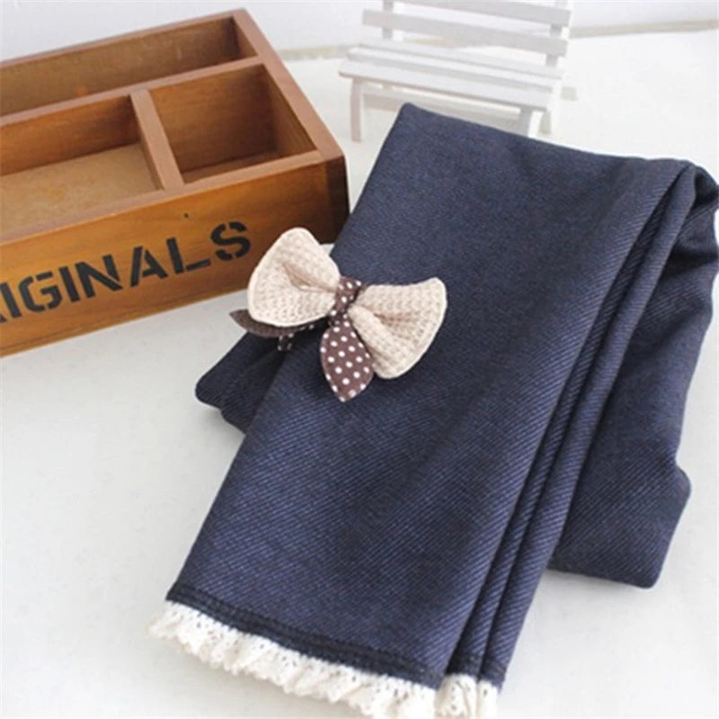 New Autumn Winter Girls Jean Pants Warm Children Leggings Thicken Velvet Bowknot Kids Trousers Baby Girl Pants Icing Leggings