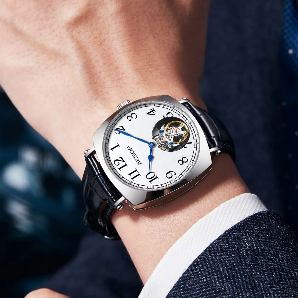 AESOP Flying Tourbillon Watch for Man Skeleton Design Leather Straps Luxury Brand Mechanical Watches
