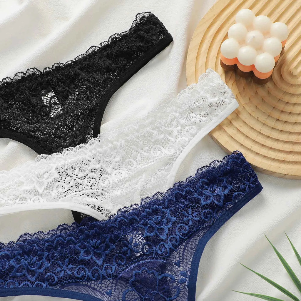 European Style Floral Lace Panties Sexy High and Low Rise Seamless Breathable Thong 3-Pack Size 3XL Thinness G-String