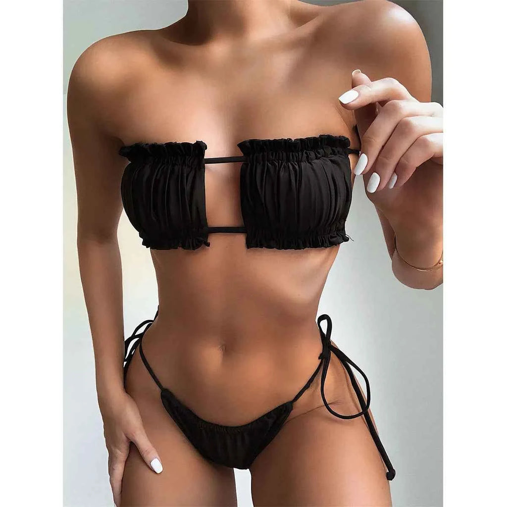Sexy Bikini 2025 Pleated Bandeau Swimsuit Female Swimwear Women Mini Thong Bikini Set Bather Swimming Beachwear for Bathing Suit