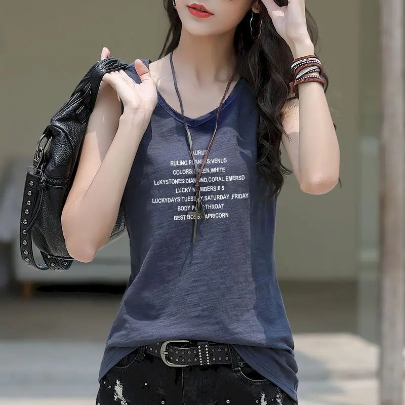 T Shirt Women 2026 New V-neck Loose Top Slub Cotton Letters Wild Short-sleeved Bottoming Shirts Female T Shirt Ins Tide Sexy Top