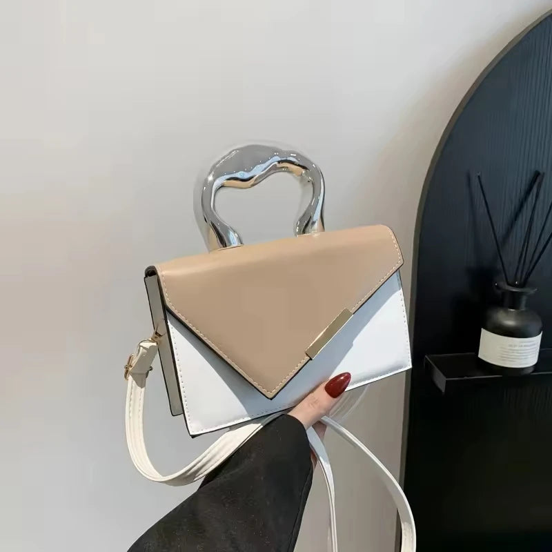 2025 Women's Casual Simple Metal Messenger Bag with Niche Handle Designer Contrasting Color Handbag
