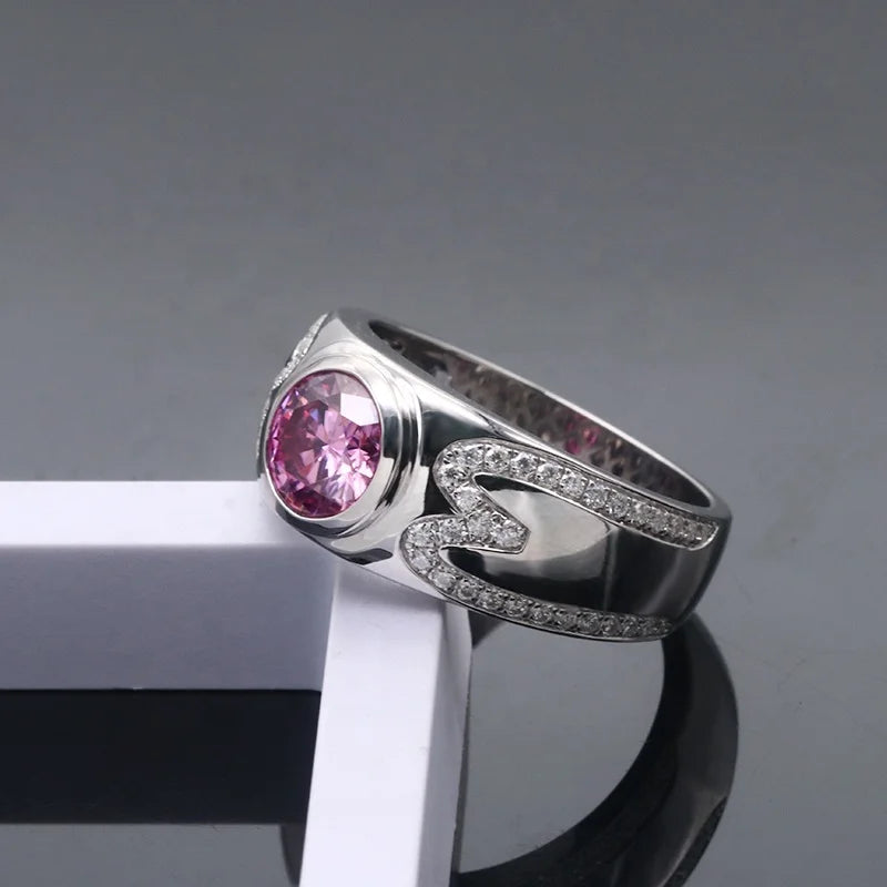 Free Shipping 8mm Two Carats Pink Moissanite Diamond 14K/18K Solid White Gold Engagement Ring for Men Classic Style for Wedding