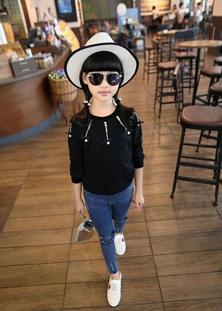 2026 Fashion Girl Jeans Cartoon Cat Jeans Print Blue Skinny Jeans Hole Pants Classic Chic Pants 3-11Y