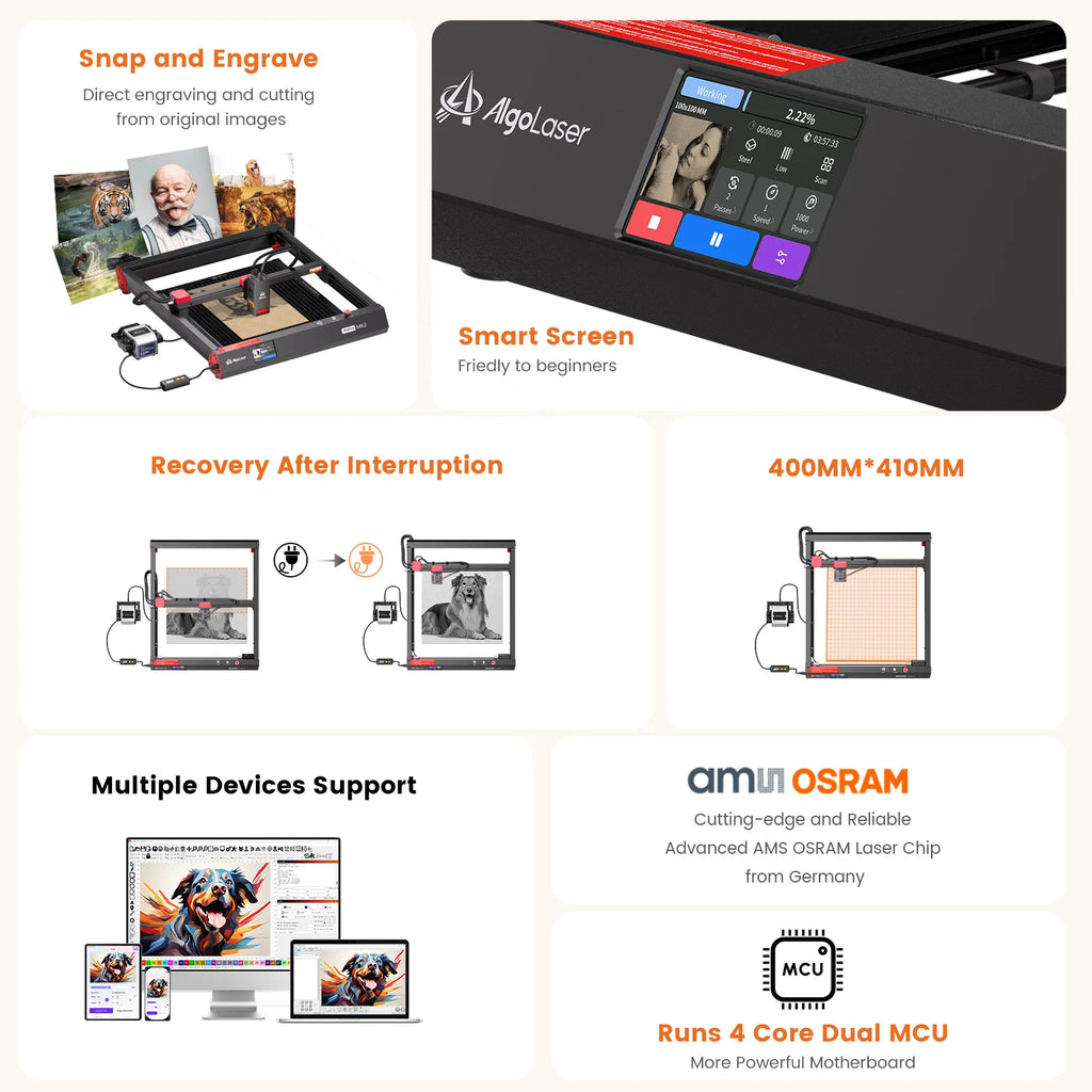 Smart Touch Screen Algolaser Alpha MK2 20W Laser Engraver for Metal Wood Stone and Leather Engraving