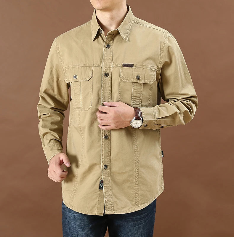 Pure Cotton Men's Shirt Men Oversized Loose Long Sleeve Cargo Shirts Men Clothing High Quality Solid Plus Size Casual Shirt 6XL