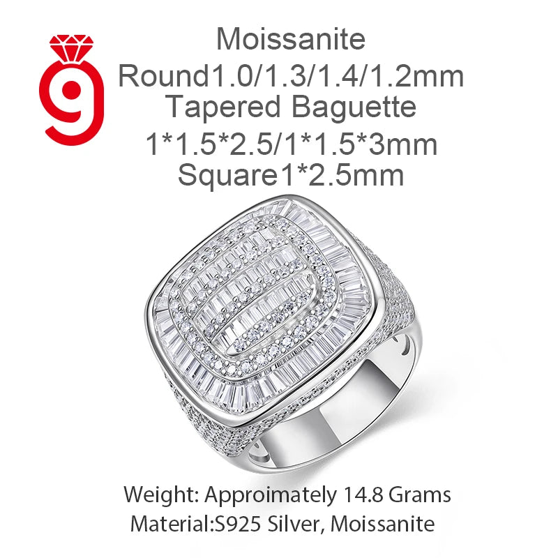 Cushion-Shaped Multi-Cut Full Pave Signet Ring Round & Tapered Baguette Moissanite S925 Sterling SilverHip Hop  Ring