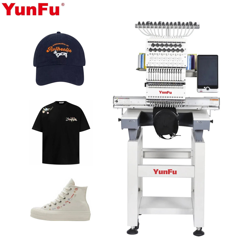 Stock in USA YunFu Single Head 15 Needles Embroidery Machine Computerized for Cap Tshirt Hoodie Sweater Flat Embroidery