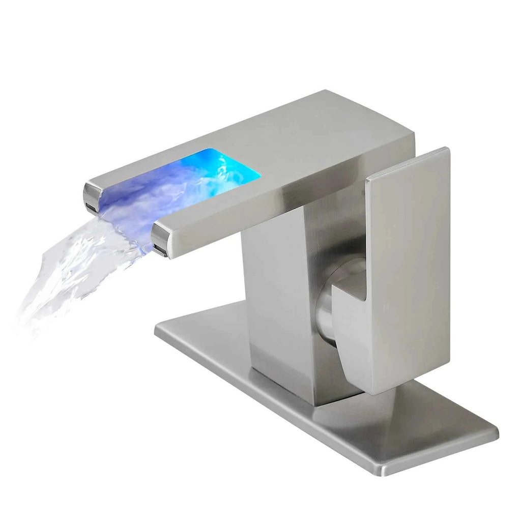 Modern LED 1-Hole Brushed Nickel Bathroom Faucet 304 Stainless Steel Waterfall Anti-Rust Lead-Free Basin Deck Plate Ceramic