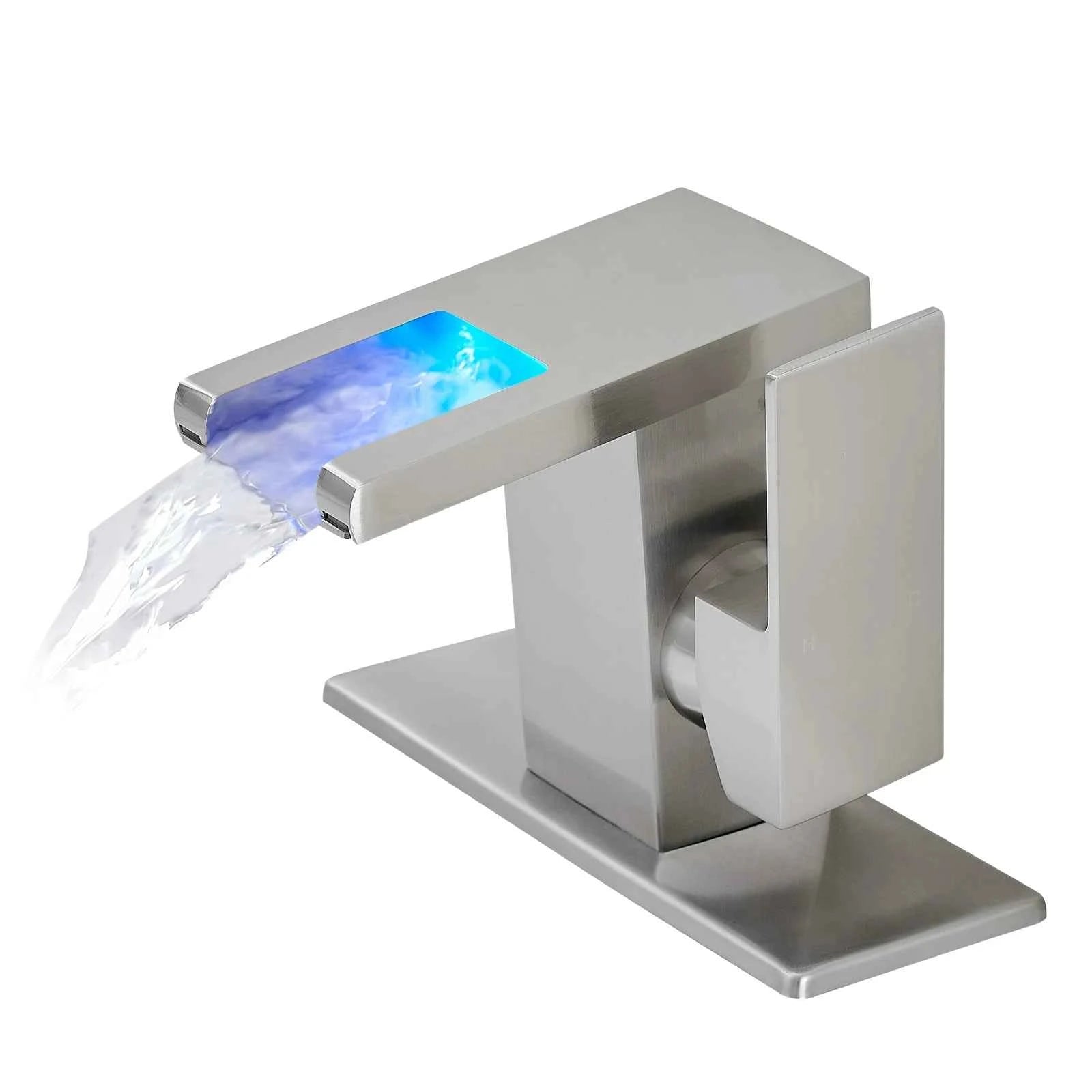 Modern LED 1-Hole Brushed Nickel Bathroom Faucet 304 Stainless Steel Waterfall Anti-Rust Lead-Free Basin Deck Plate Ceramic
