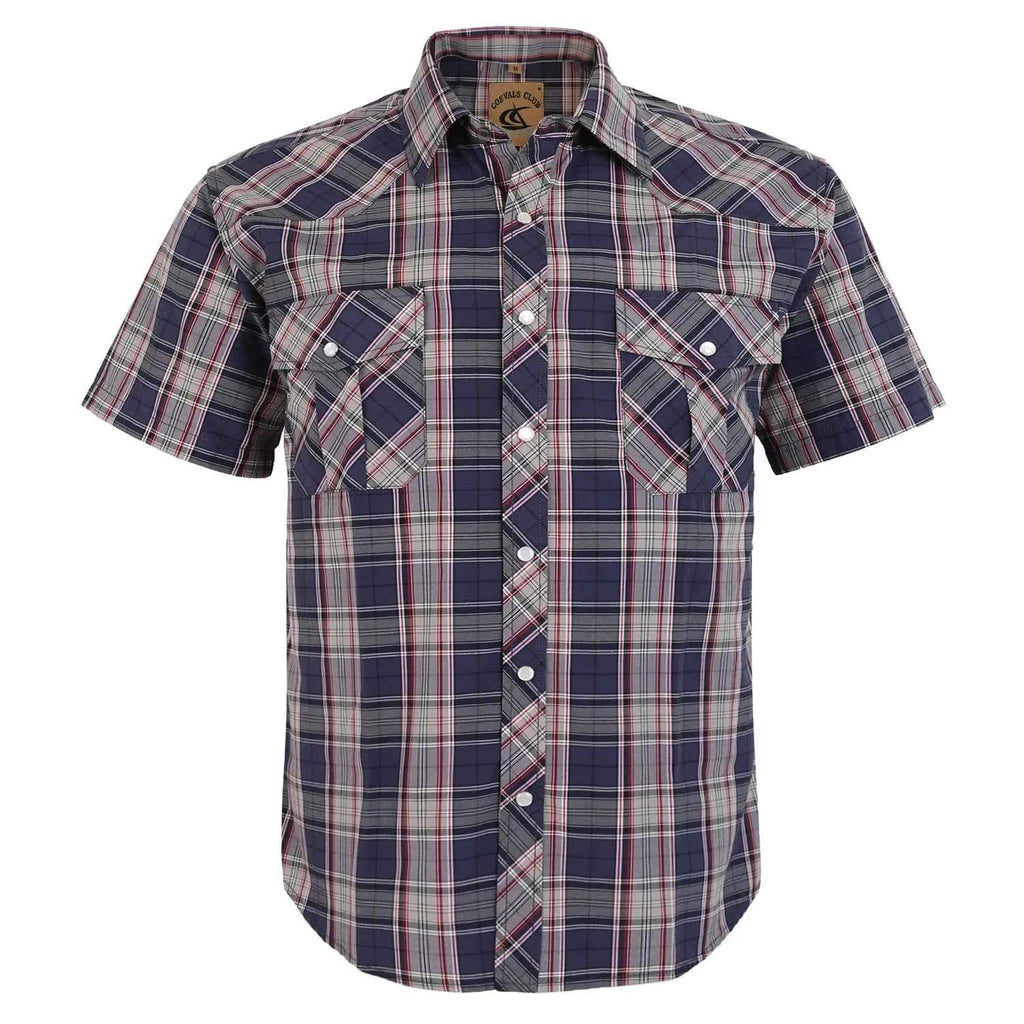 Men Pearl Snap Short Sleeve Western Cowboy Shirt Plaid Pattern with Buttons Two Front Pockets