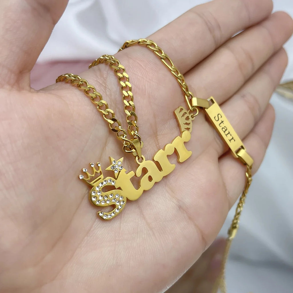QIUHAN Bespoke Children Necklace Custom Crowned Child Name Jewellery Set