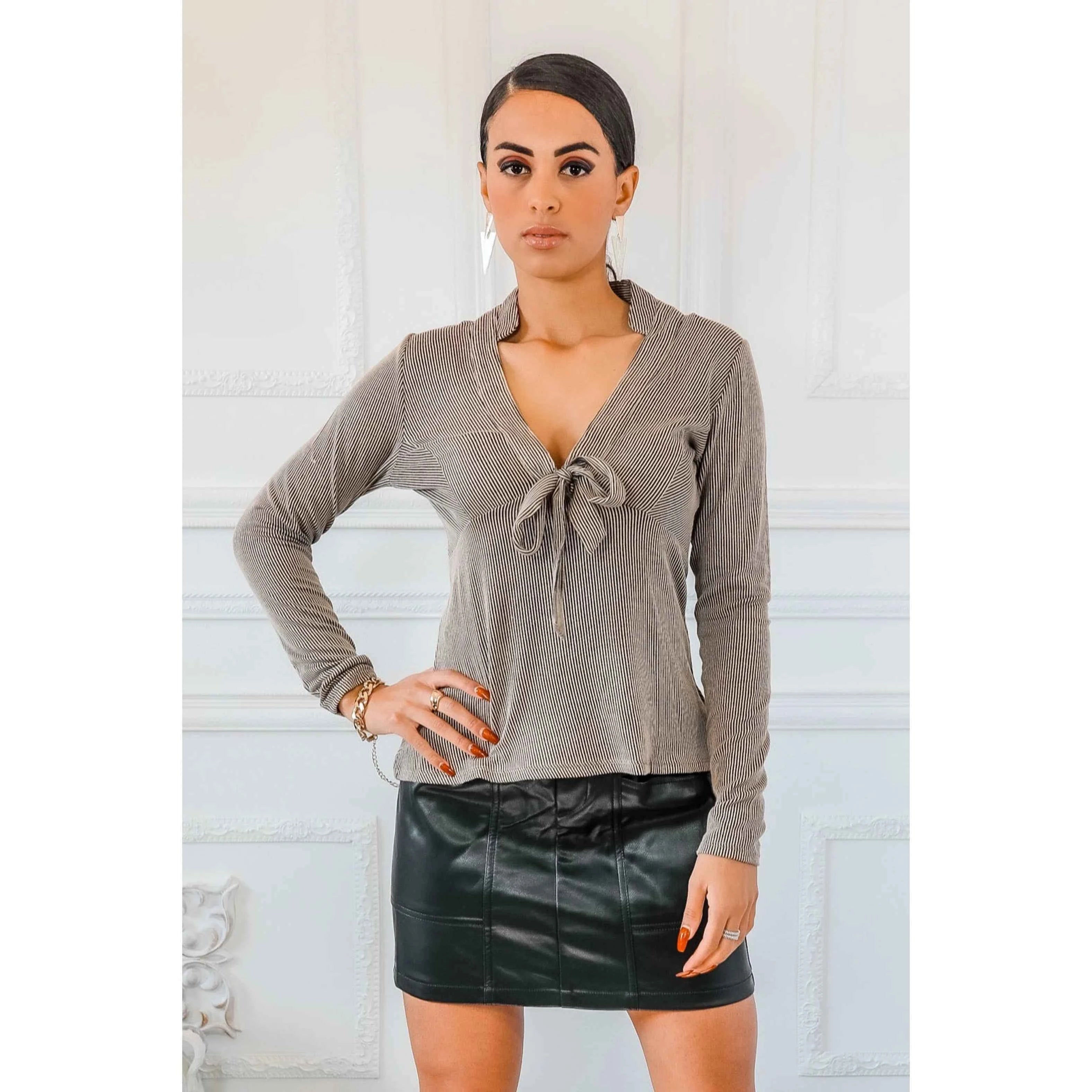 TD Veronica Casual Dress with Stripped Front Bow Long Sleeve Top