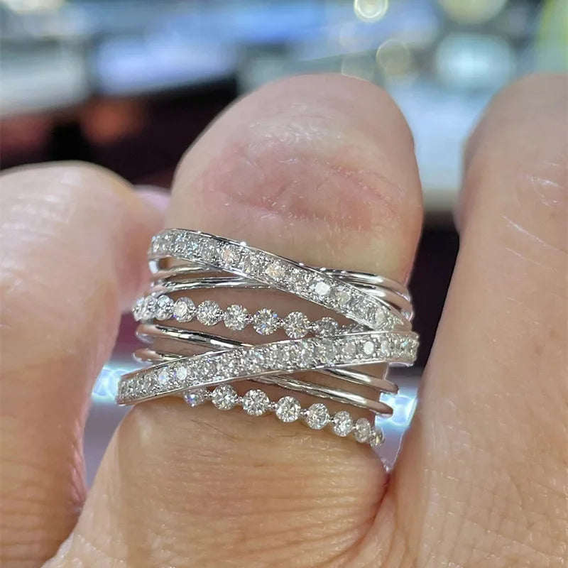 Q345 Women's Diamond Eternity Band Rings Geometric Pave Setting Round Natural Stone Wedding Fashion Rings