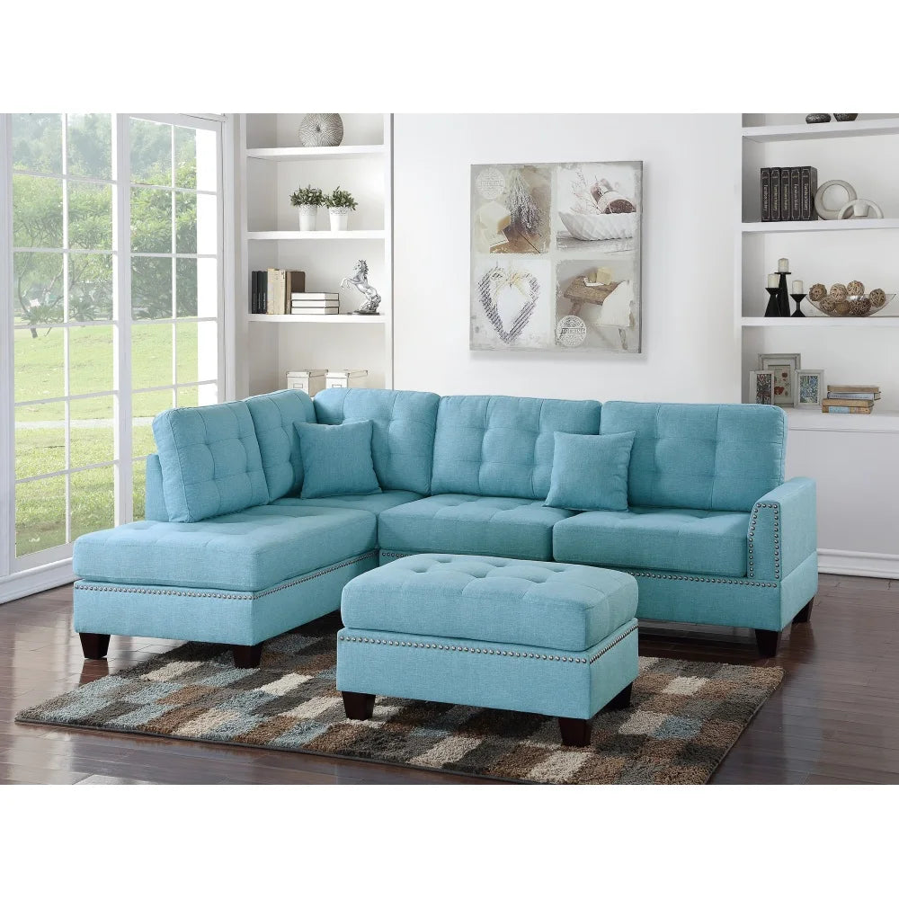 Modern Blue Color 3pcs Sectional Living Room Furniture Reversible Chaise Sofa and Ottoman Tufted