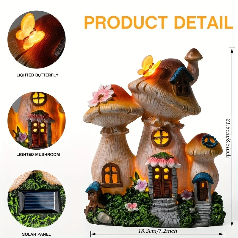 Outdoor Garden Statues Solar Light, Mushroom House Garden Statue Outdoor, Resin Garden Statue Lights Mushroom House Figurine