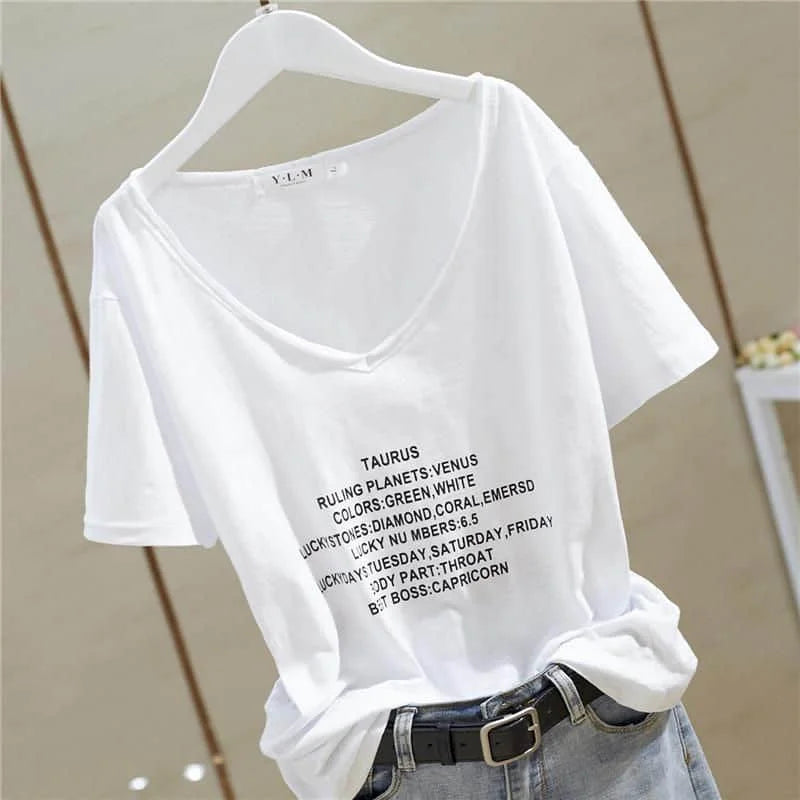 T Shirt Women 2026 New V-neck Loose Top Slub Cotton Letters Wild Short-sleeved Bottoming Shirts Female T Shirt Ins Tide Sexy Top