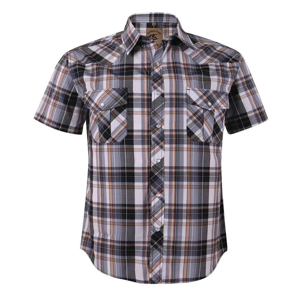 Men's Western Pearl Snap Button up Casual Cowboy Short Sleeve Two Pockets Work Plaid Shirts