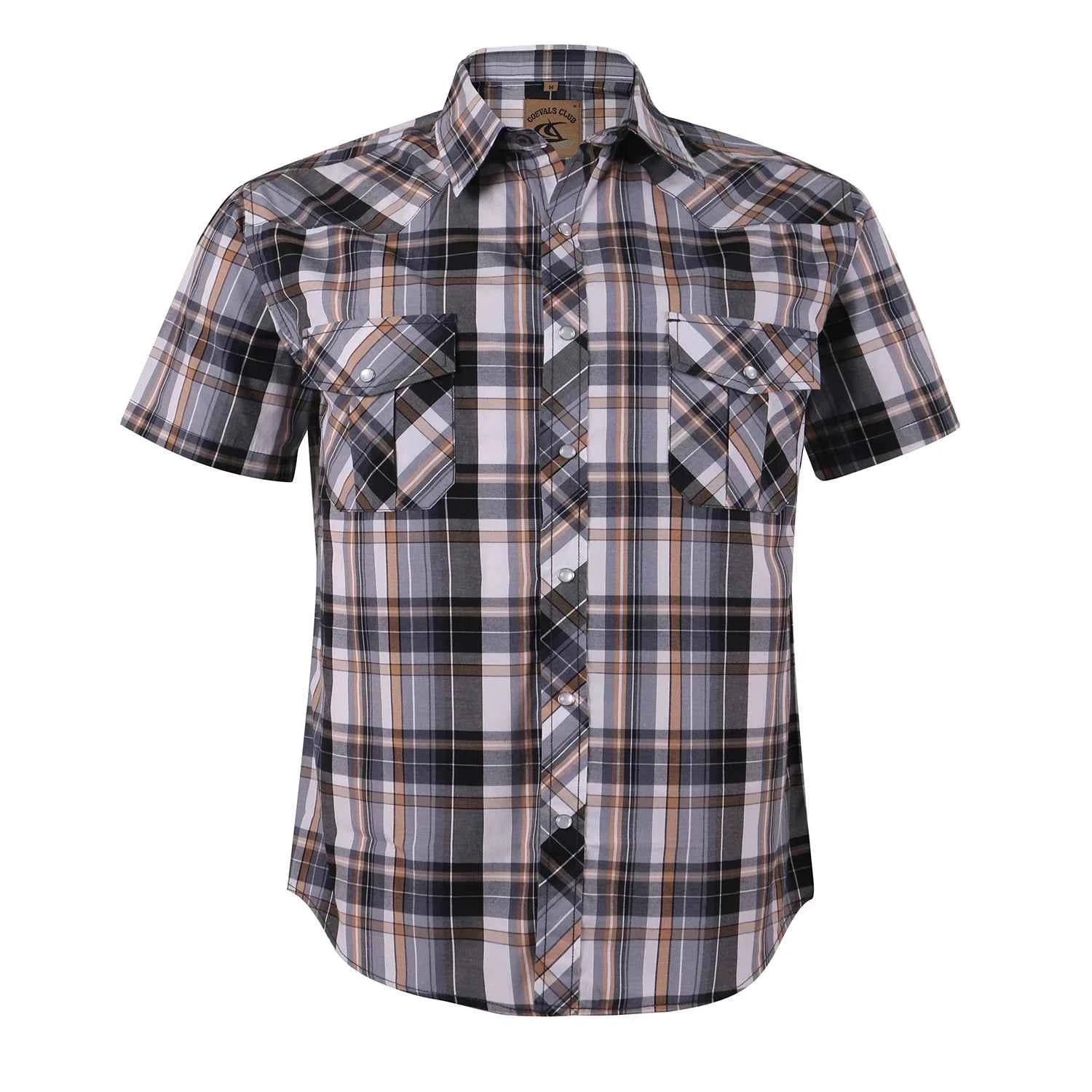 Men's Western Pearl Snap Button up Casual Cowboy Short Sleeve Two Pockets Work Plaid Shirts