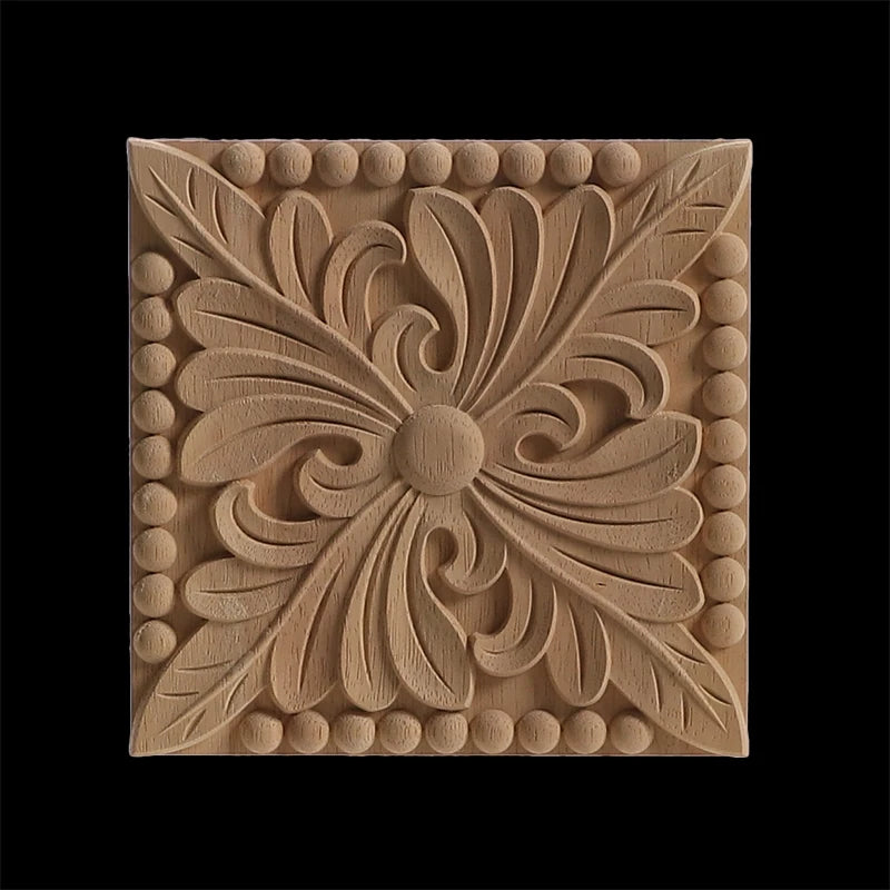 Decorative Wood Appliques Unique Exquisite Natural Floral Wooden Carved Onlay Decal Figurines Home Furniture Door Decor Square