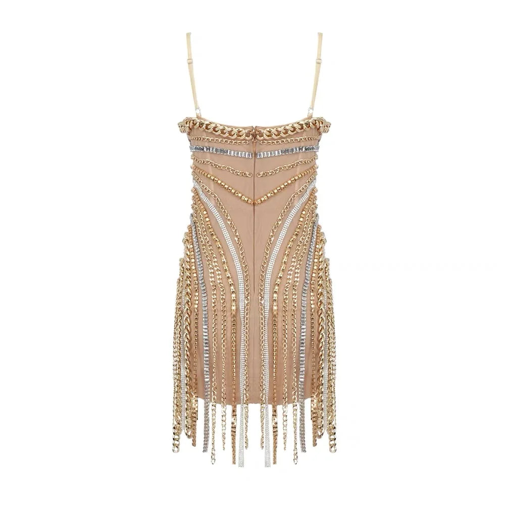 ED2566 Summer Satin Sequined Crossover High Ding Metal Chain Sexy Deep V Tube Top Short Bodycon Party Dress