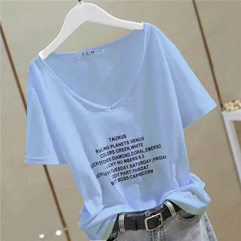 T Shirt Women 2026 New V-neck Loose Top Slub Cotton Letters Wild Short-sleeved Bottoming Shirts Female T Shirt Ins Tide Sexy Top