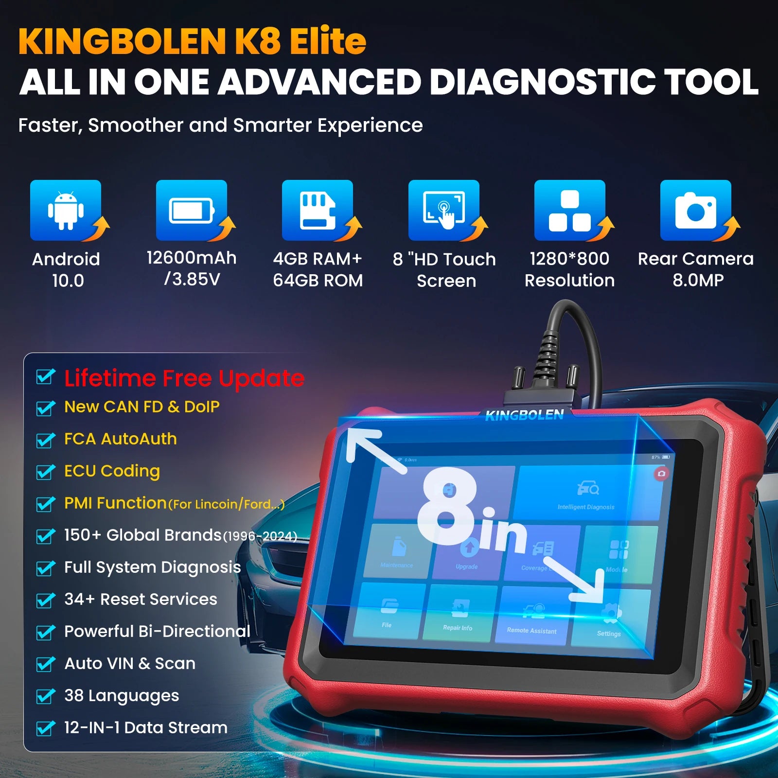 USA EU Warehouse Kingbolen K8 Elite Full Systems Bidirectional Scan Tool Wired OBD2 Scanner Car Scanner Free Update