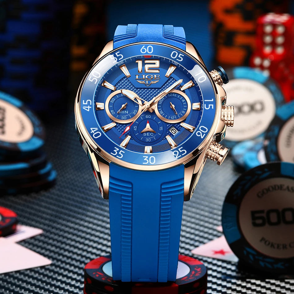 LIGE New Fashion Mens Watches Top Brand Luxury Quartz Wrist Watch Man Sport Red Silicone Watch for Men Reloj Hombre Chronograph