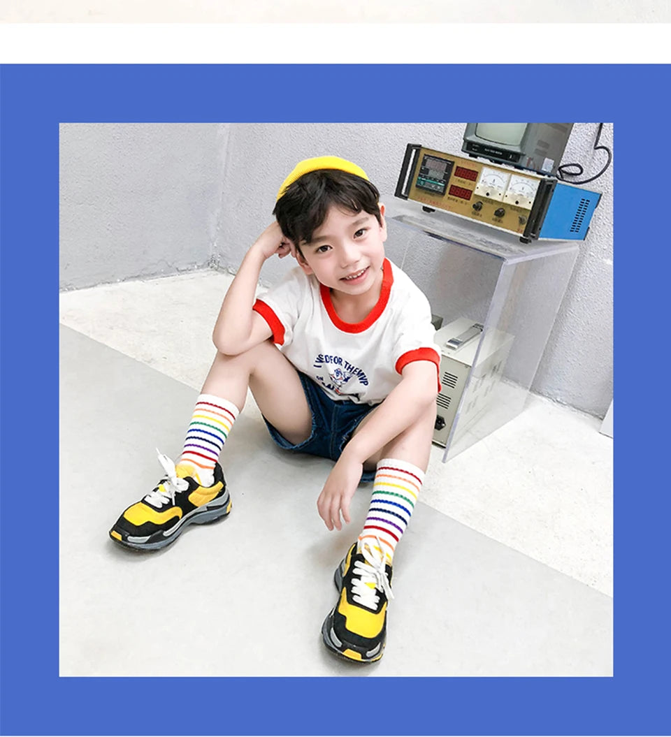 Kids Knee High Rainbow Socks Spring Summer Toddler Child Girls Boys Cotton White School Socks Stripe Long Sock Baby Accessories