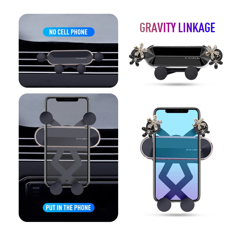 Cute Bowknot Universal Car Phone Holder Cartoon Diamond GPS Stand Gravity Bracket Auto Air Vent Clip Mount Mobile Phone Holder