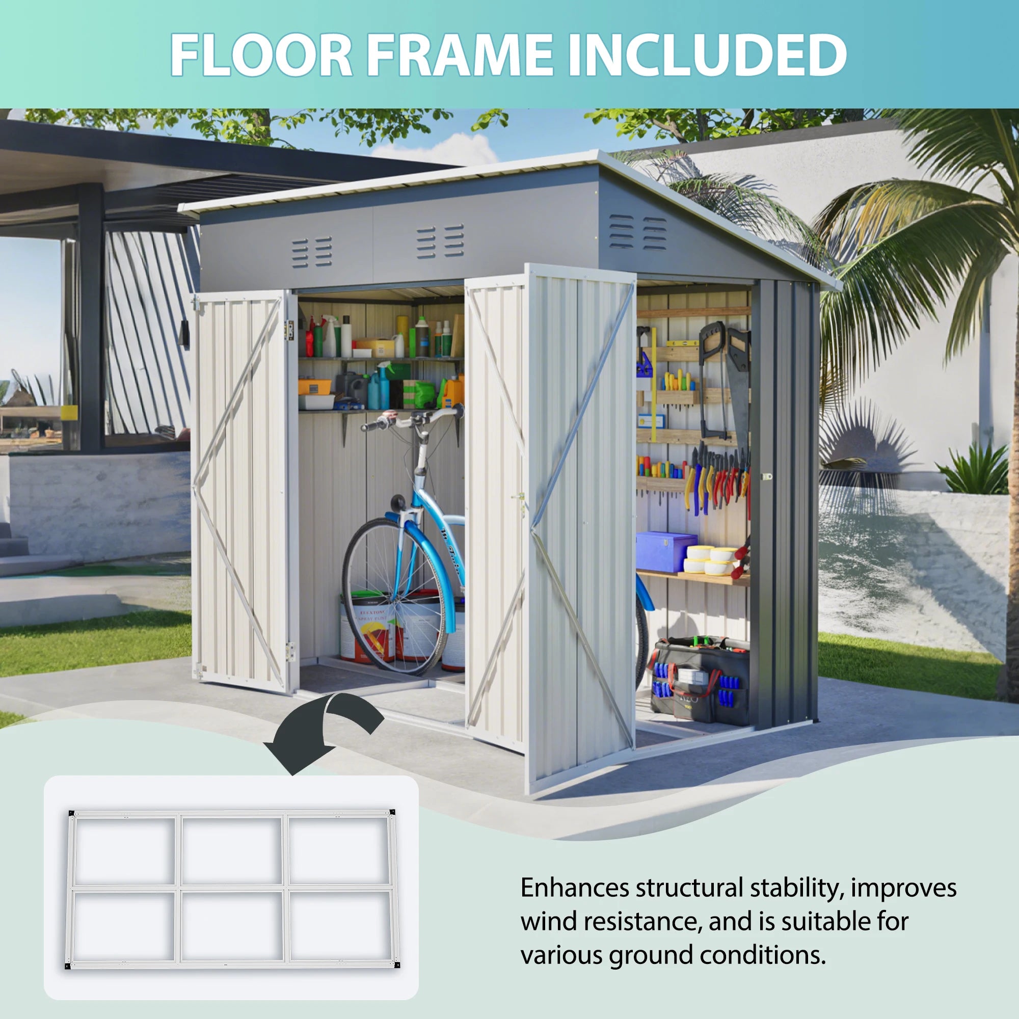 [USA Local Stock] Free Shipping 4x8 Slope-Roof Reinforced Storage Shed with Weatherproof Sloping Roof Fast Shipping From US