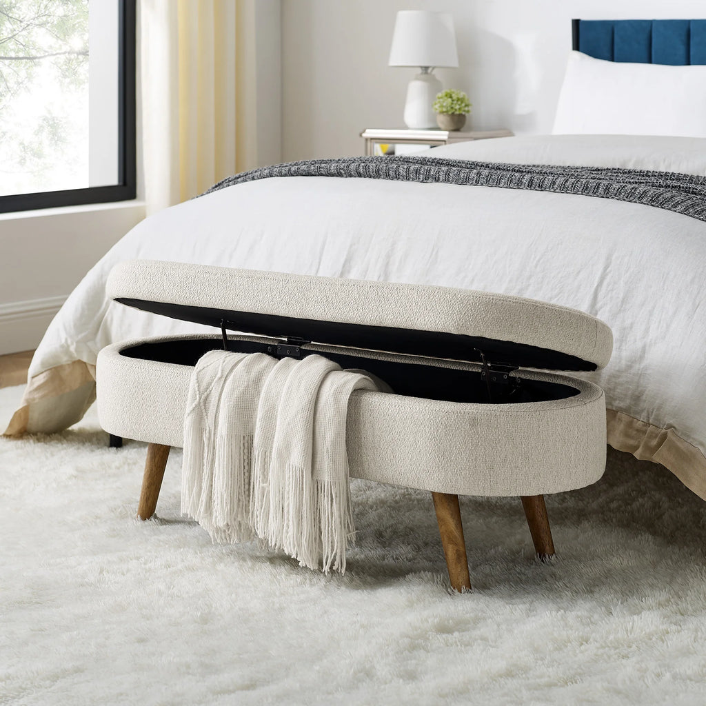 Ottoman Bed Bench with Adjustable Metal Legs Beige Fabric 43.5"x16"x16" Oval Storage Home Bedroom Furniture