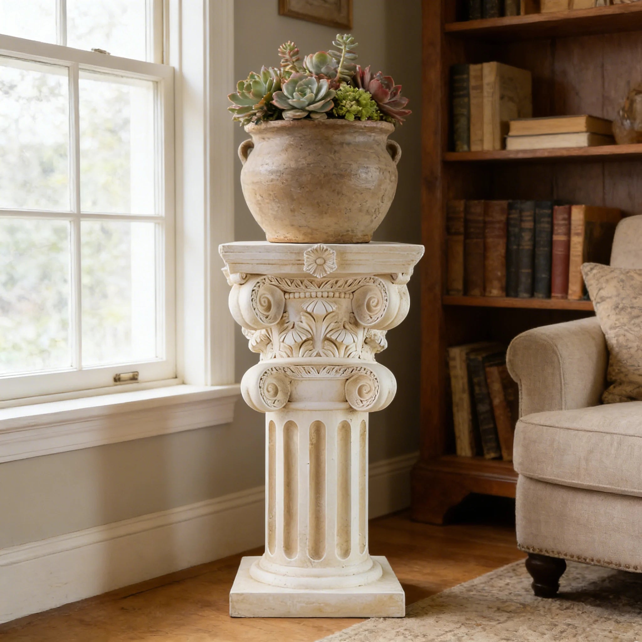 Ionic-Corinthian Hybrid Resin Pedestal Hand-painted Stone-Effect Finish Ornate Column Statue European Garden Luxury Patio New