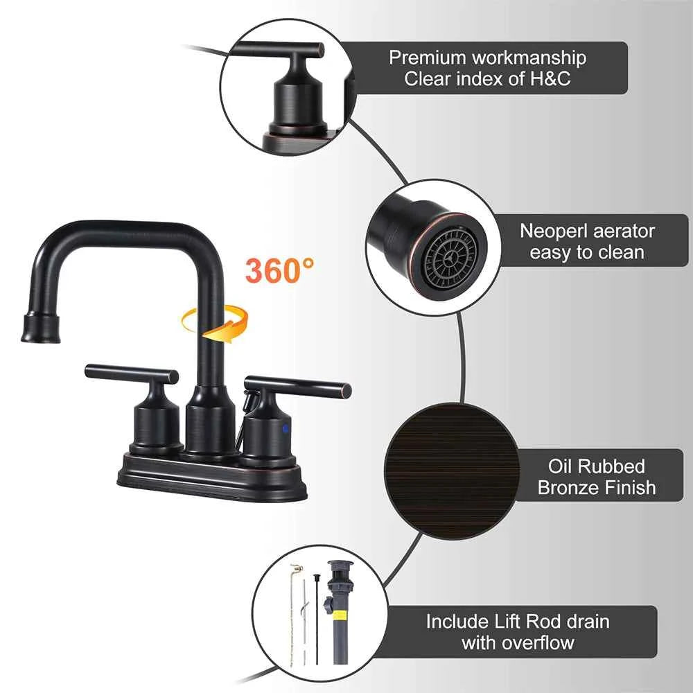 Oil Rubbed Bronze Bathroom Sink Faucet 3 Hole Lavatory Faucet 2 Handle Vanity Faucet, High Arc Swivel Spout Basin Mixer Tap