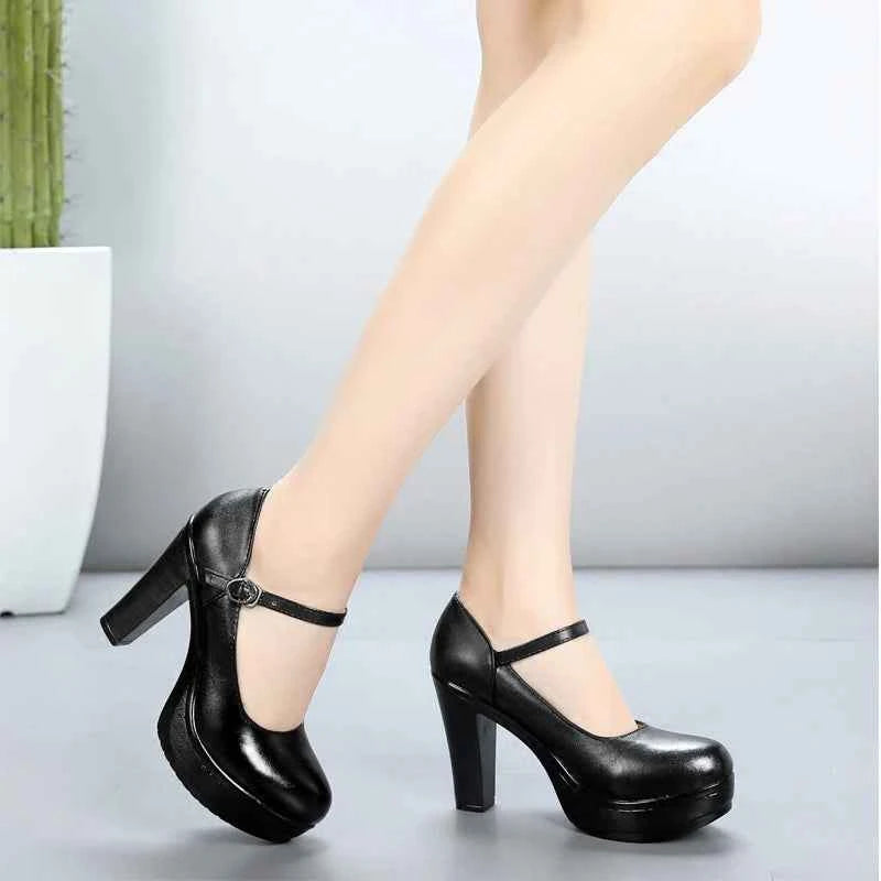 GKTINOO Genuine Leather shoes Women Round Toe Pumps Sapato feminino High Heels Fashion Black Work Shoe Plus Size 33-43