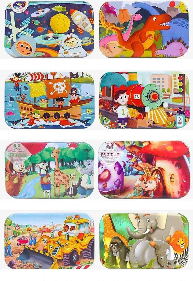 Hot New 60 Pieces Wooden Puzzle Toys for Children Cartoon Vehicle Animal Wood Jigsaw Baby Learning Educational Toy Kids Gift