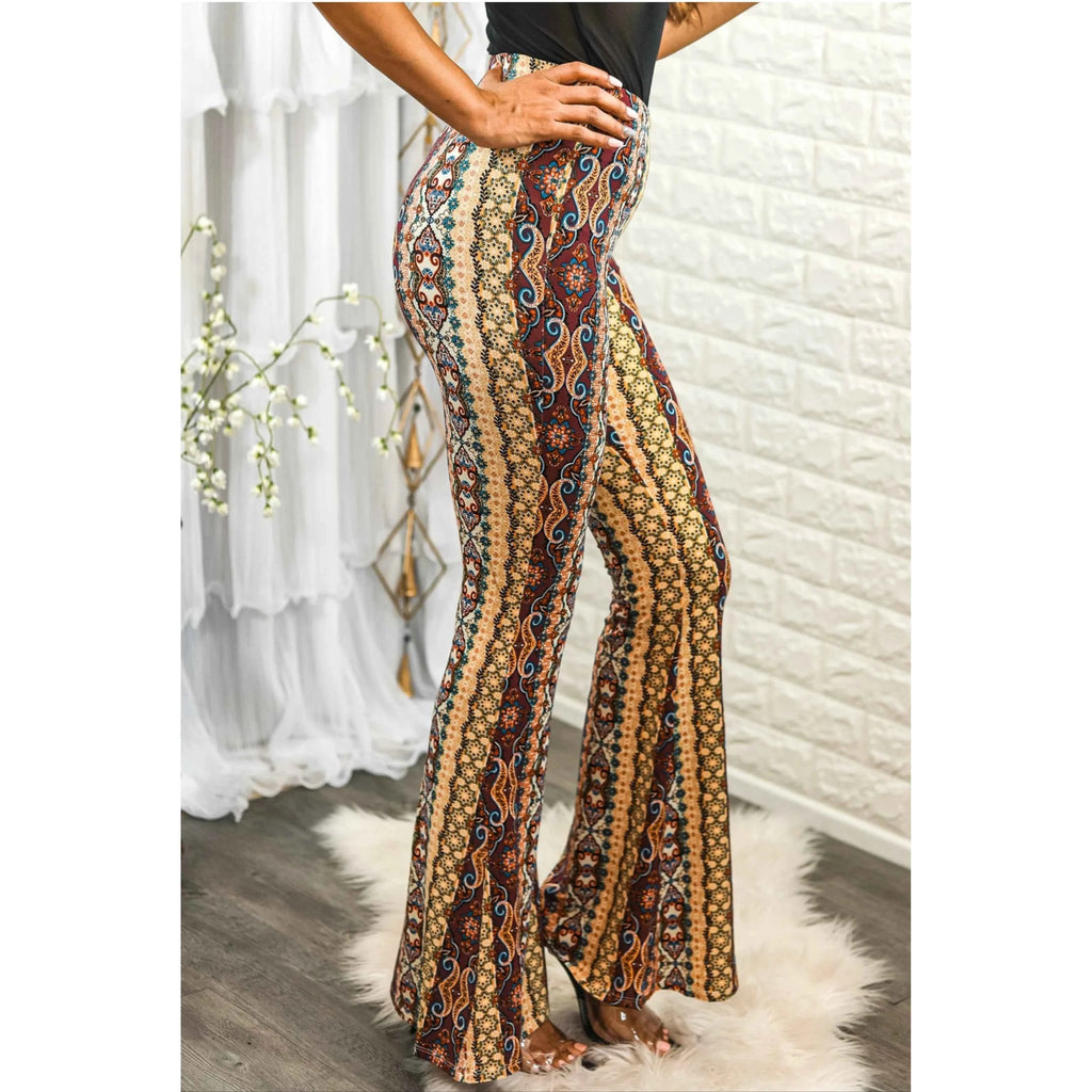 TD Esmie Breathable Satin Bell Bottoms Ladies Girls Casual Pants Elastic Waist Soft Comfortable Striped Tribal Print Colored